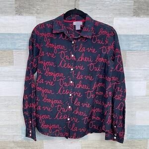 JCPENNY Silk Blend Button Down Shirt Navy Blue Red Women Medium